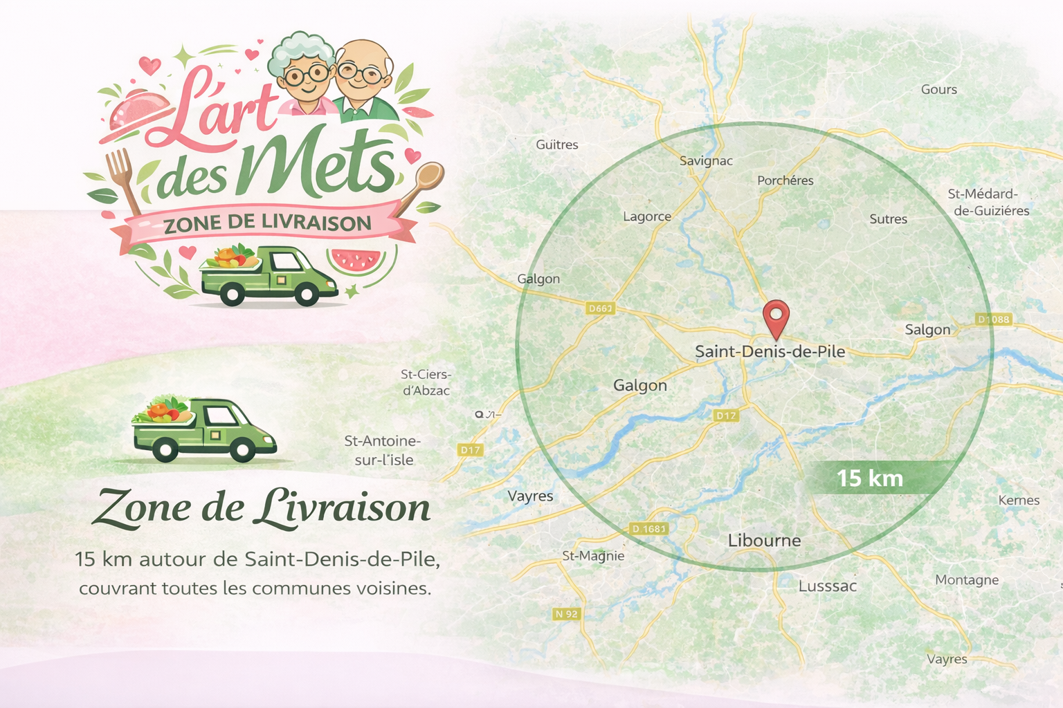 Carte de la zone de livraison autour de Libourne